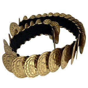 Vintage 70s Gold Tone Metal Floral Disc Coin Stretch Belt: Disco Mod Style SZ Sm